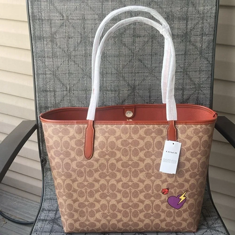 Coach City Tote Bag Purse In Signature Canvas With Sticker Print Rexy